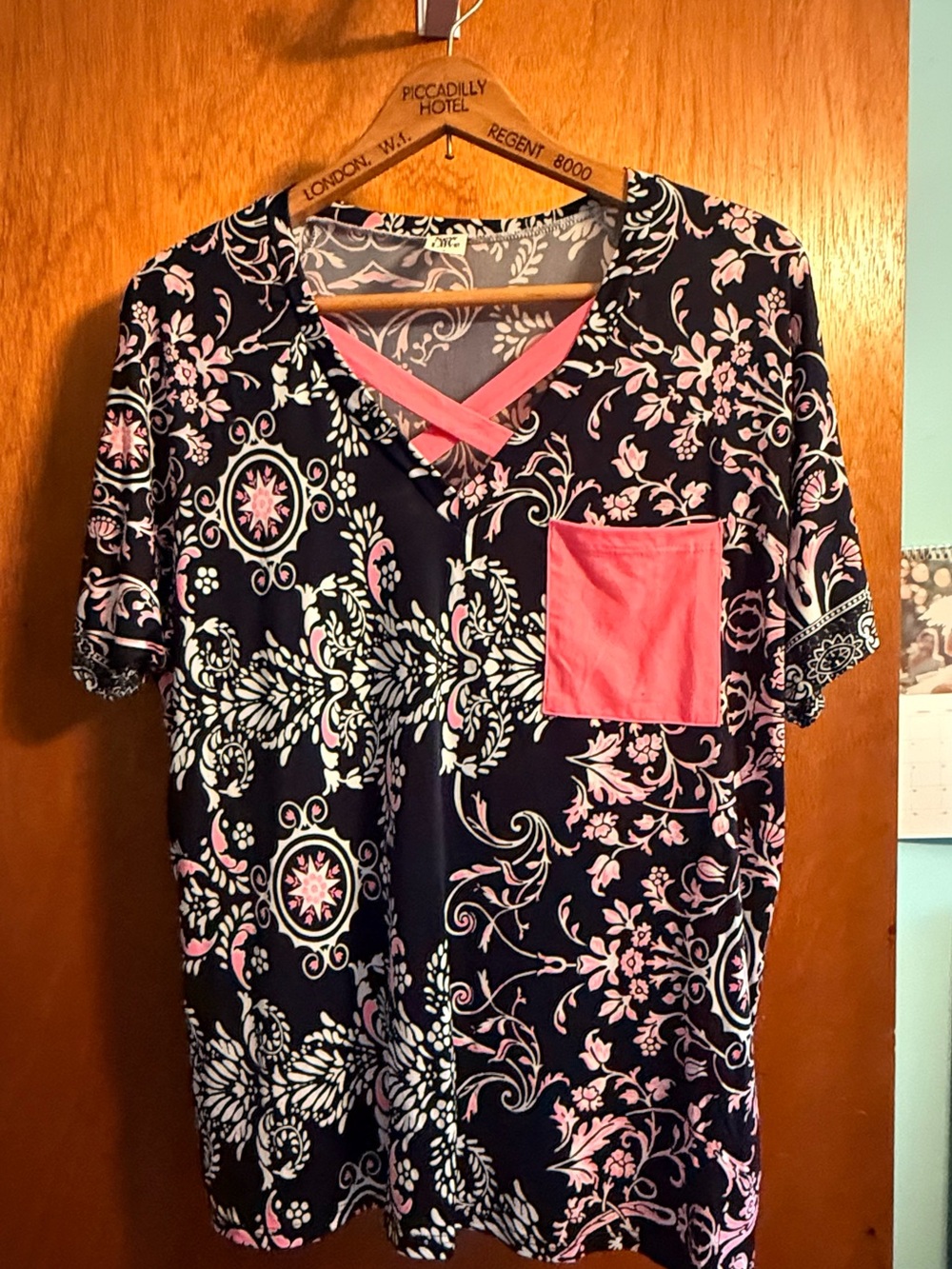 Sew In Love Black Floral V-Neck Top with Pink Pocket